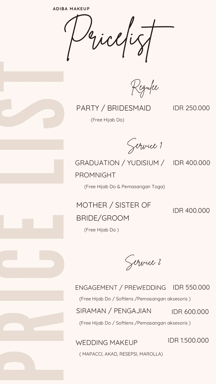 Daftar harga Adiba Makeup Artist